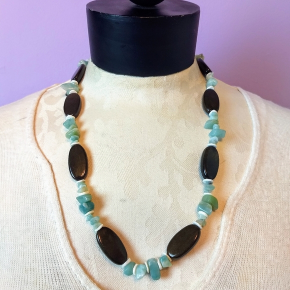 Subtle Delights Jewelry - Piece #272 "Jungle" Amazonite Shell Wood Necklace